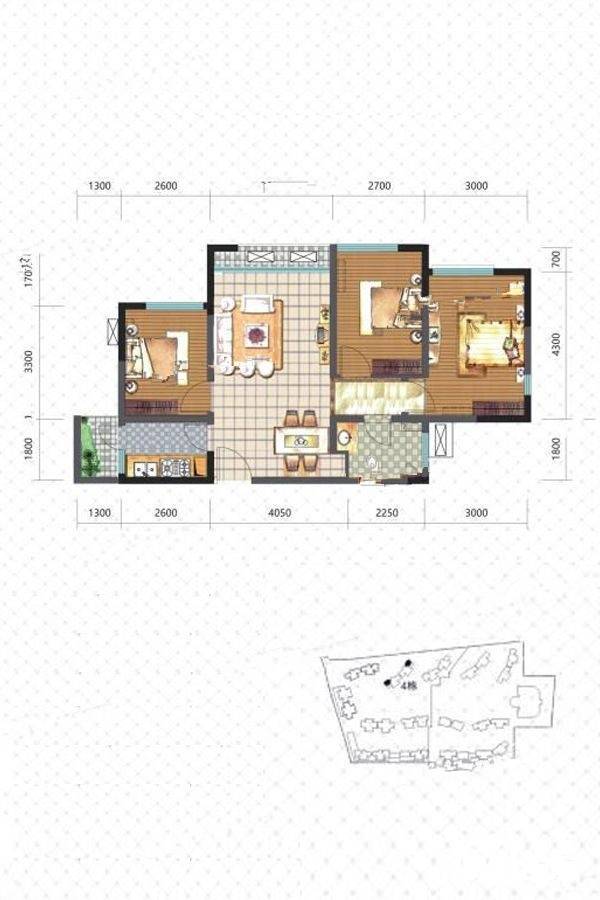 上置雅宾利花园3室2厅1卫88㎡户型图