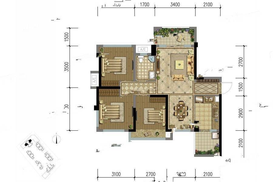 悦未来商铺3室2厅1卫75㎡户型图