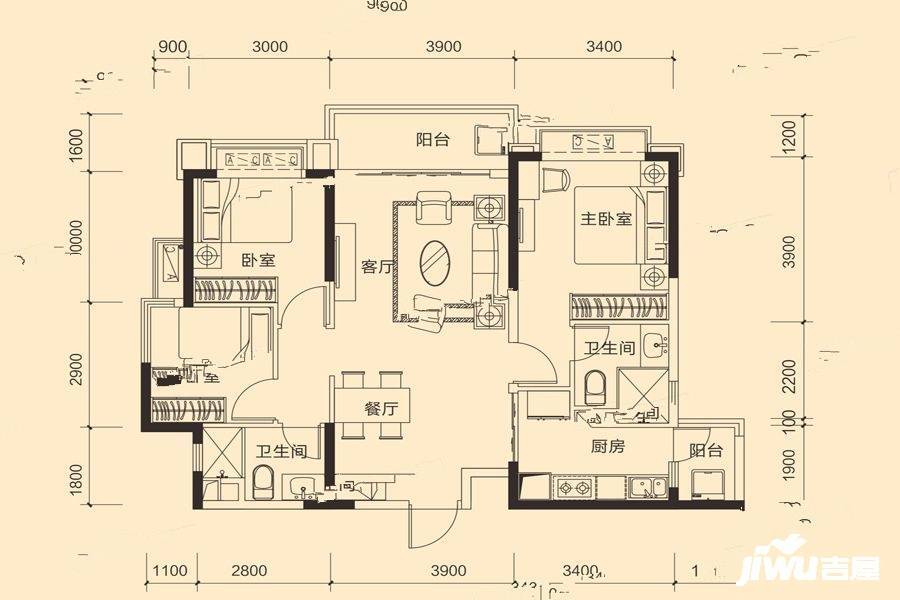 恒大御景3室2厅2卫107.3㎡户型图