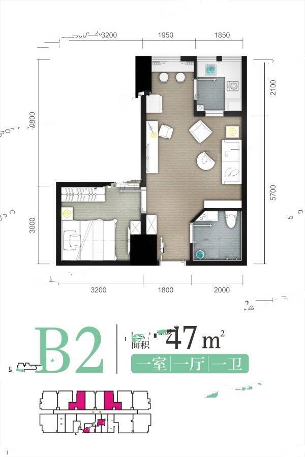 泰博理想城1室1厅1卫59㎡户型图