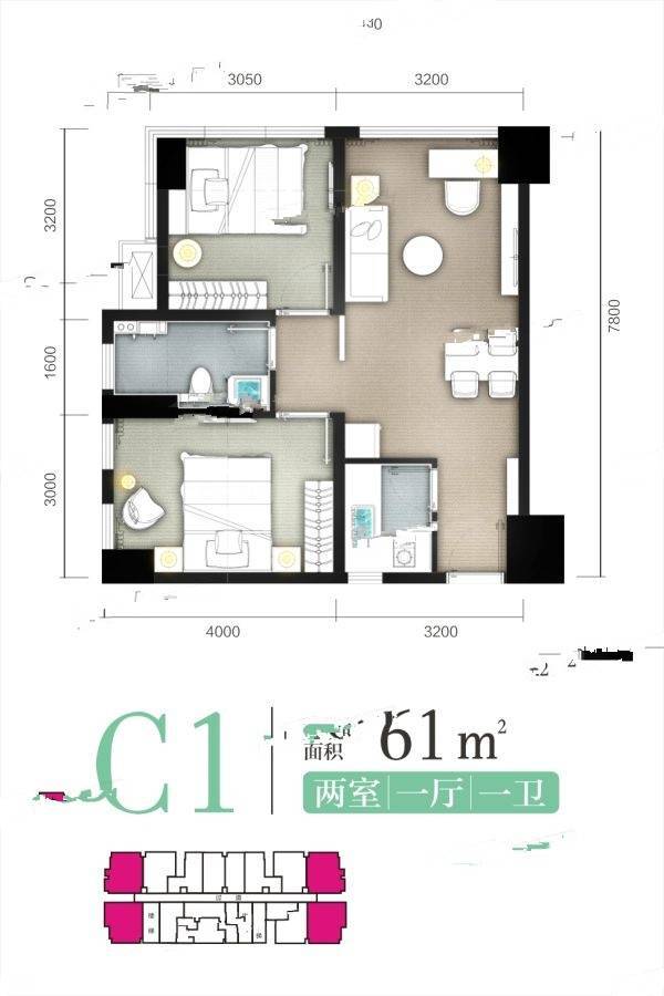 泰博理想城1室1厅1卫61㎡户型图