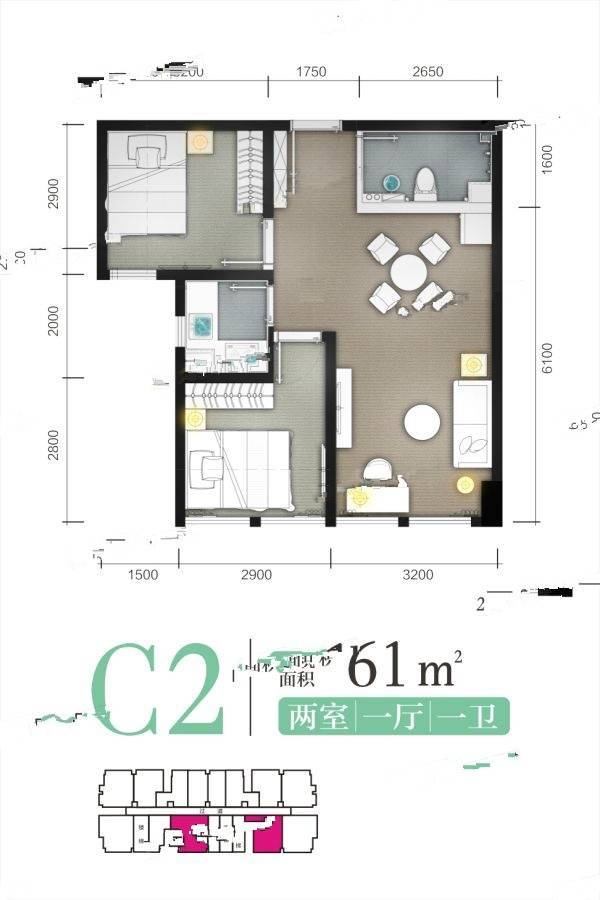 泰博理想城1室1厅1卫61㎡户型图