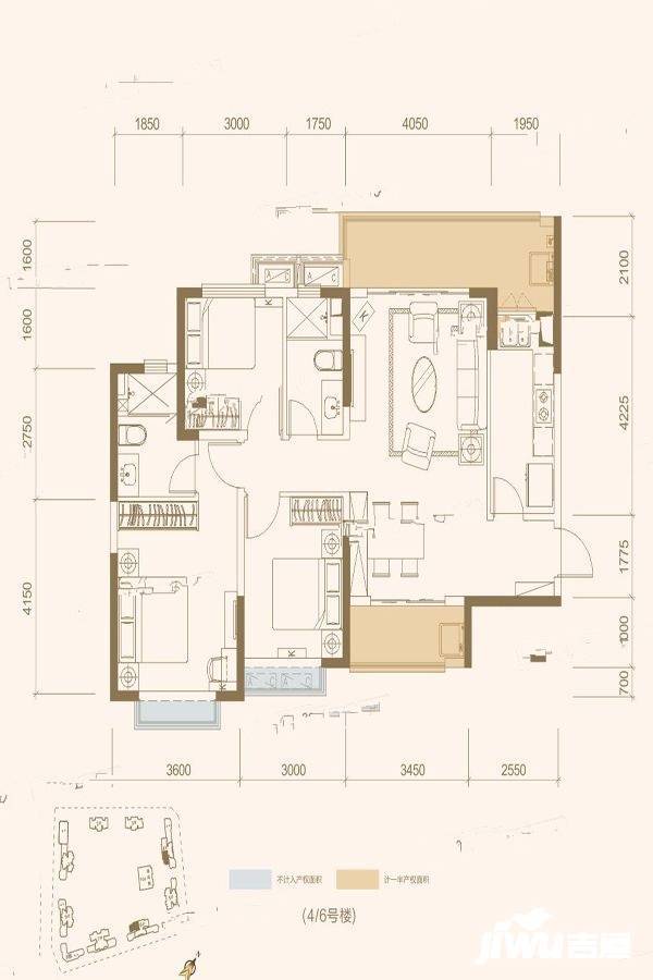 恒大未来城商铺3室2厅2卫122㎡户型图