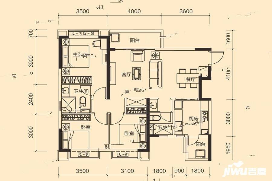 恒大御景3室2厅2卫114.6㎡户型图