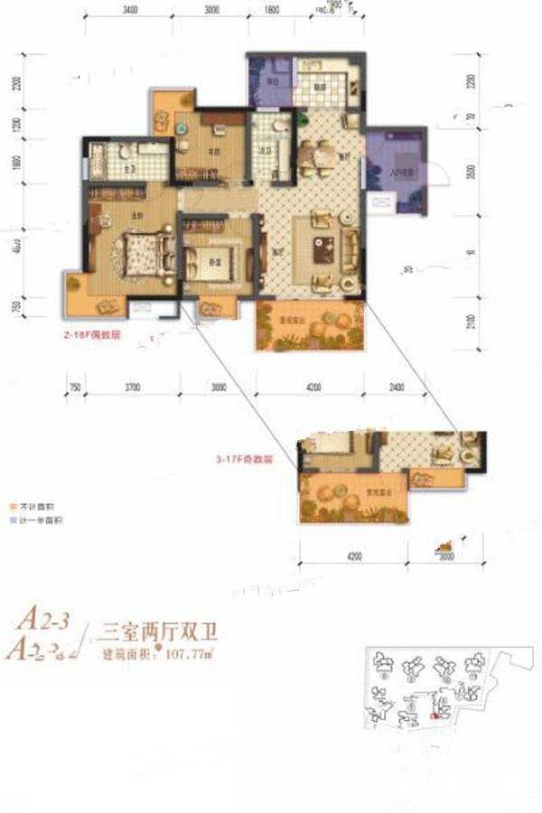 棠湖清江花语3室2厅2卫107.8㎡户型图