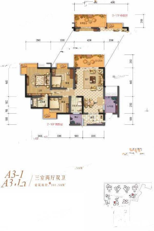 棠湖清江花语3室2厅2卫101.6㎡户型图