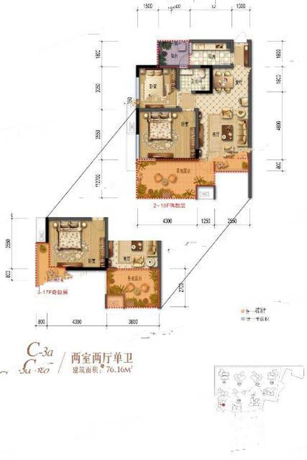 棠湖清江花语2室2厅1卫76.2㎡户型图