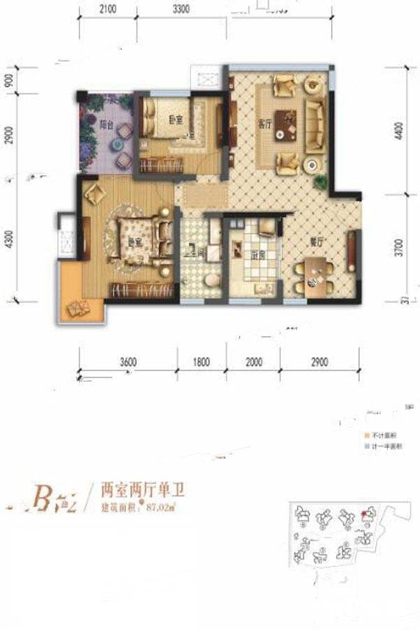 棠湖清江花语2室2厅1卫87.9㎡户型图