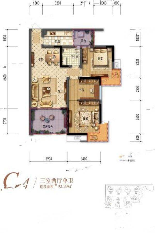 棠湖清江花语3室2厅1卫92.4㎡户型图