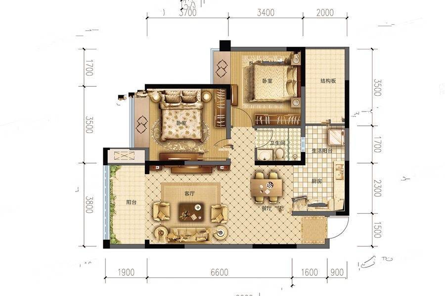 成都嘉和世纪城2室2厅1卫83.4㎡户型图