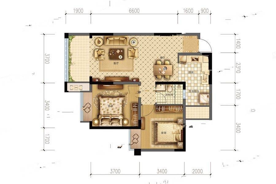 成都嘉和世纪城2室2厅1卫81.3㎡户型图