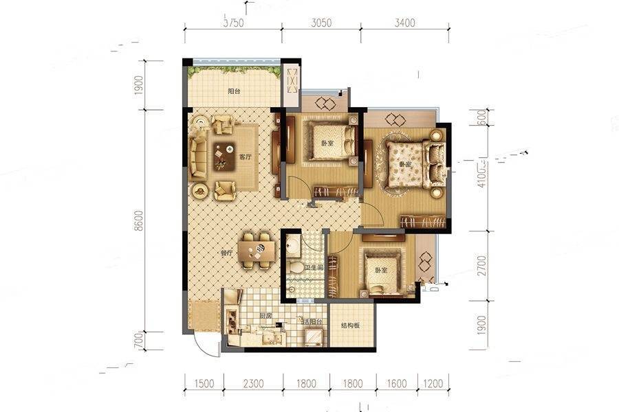 成都嘉和世纪城3室2厅1卫99.5㎡户型图