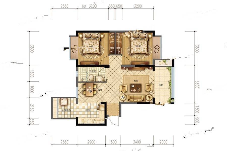 成都嘉和世纪城2室2厅1卫87.9㎡户型图