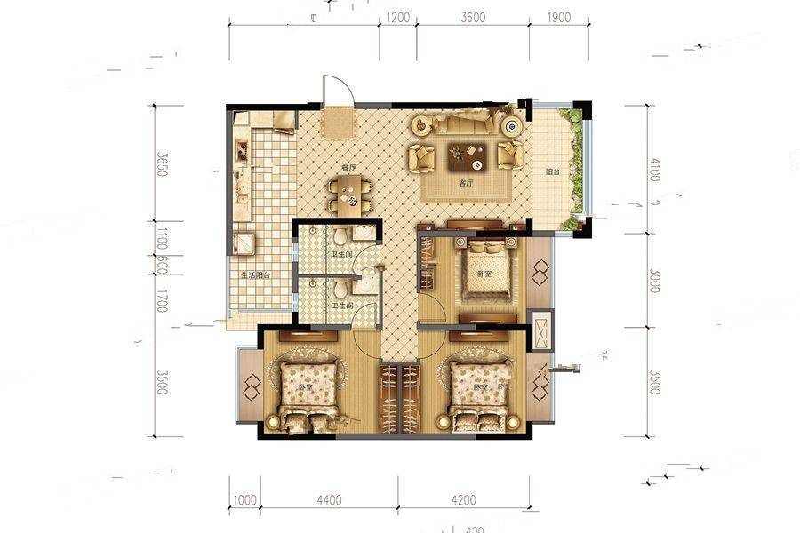 成都嘉和世纪城3室2厅1卫120.3㎡户型图