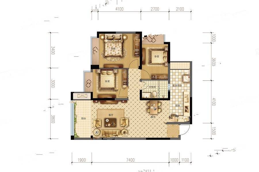 成都嘉和世纪城3室2厅1卫101㎡户型图