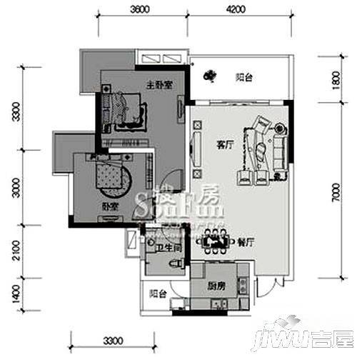 丽都锦城2室2厅1卫67.8㎡户型图