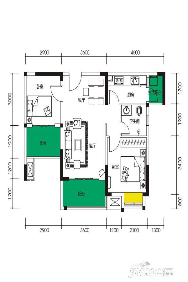 上城中央2室2厅1卫75㎡户型图