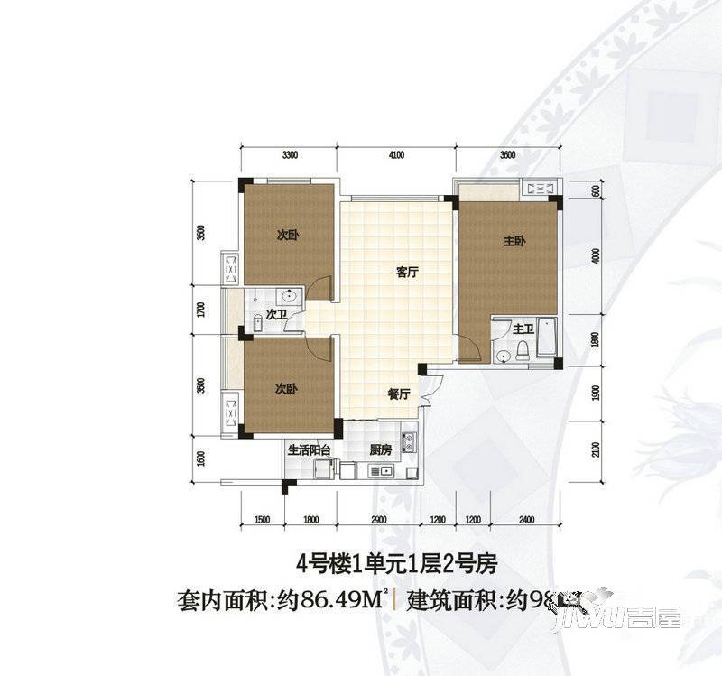 渝水坊二期3室2厅2卫86.5㎡户型图