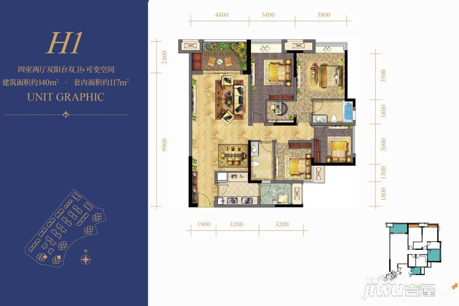 约克郡景悦4室2厅2卫140㎡户型图