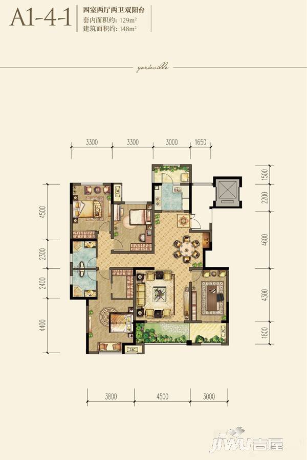 约克郡北区4室2厅2卫148㎡户型图