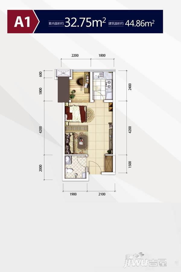 首创鸿恩国际生活区三期1室1厅1卫44.9㎡户型图