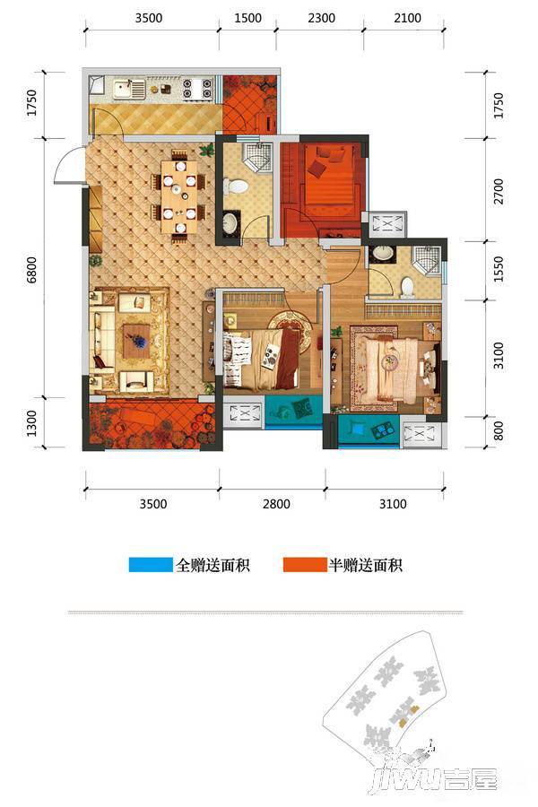 光亮天润城3室2厅2卫89.3㎡户型图