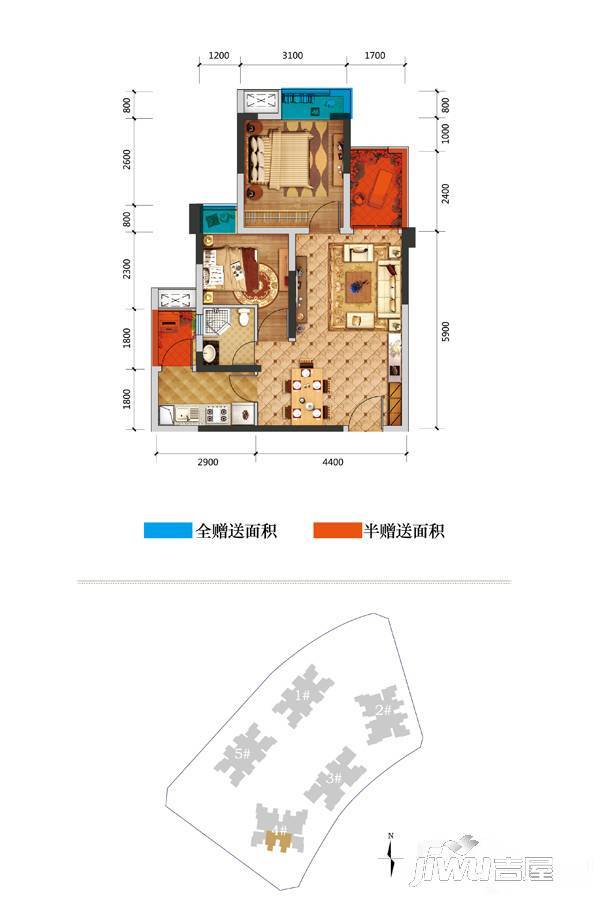 光亮天润城2室2厅1卫65.7㎡户型图