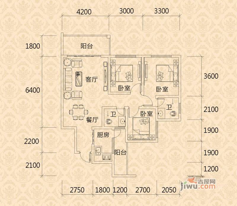 金桥新城3室2厅2卫97.4㎡户型图