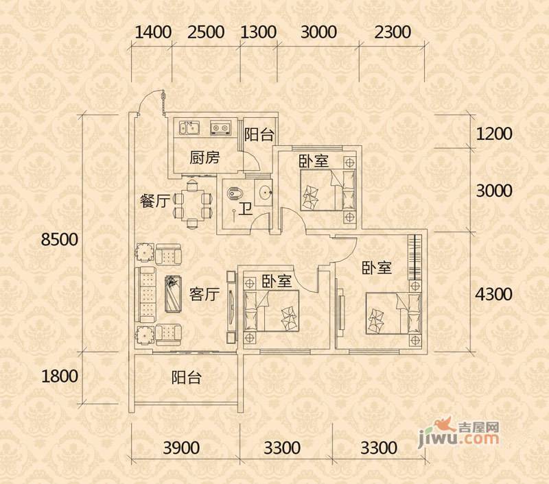 金桥新城3室2厅1卫90.3㎡户型图