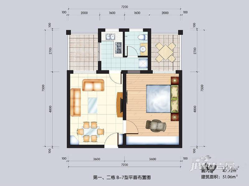 黄水林湖郡1室1厅1卫47.7㎡户型图