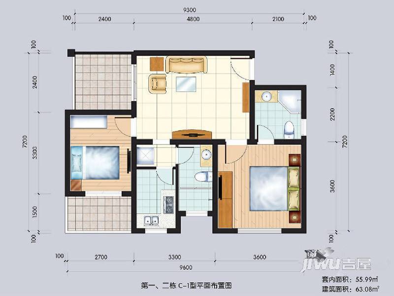 黄水林湖郡2室1厅2卫56㎡户型图