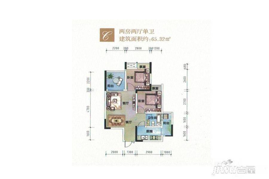 大足宝雍阳光鑫城2室2厅1卫65.3㎡户型图