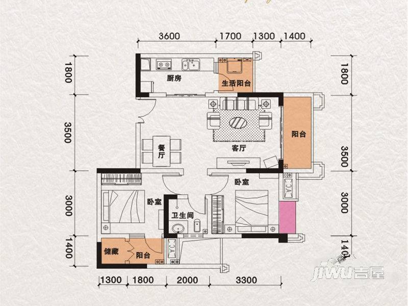 潼南科艺福江名都2室2厅1卫61.7㎡户型图