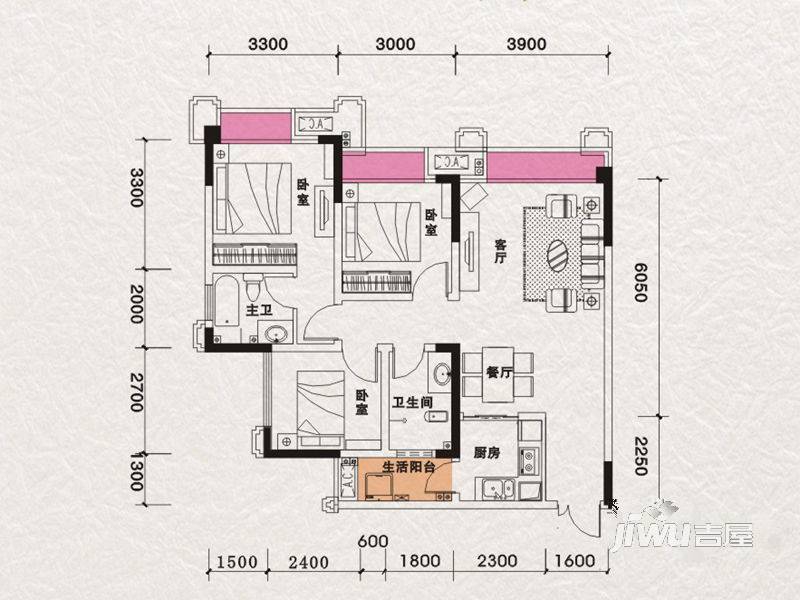 潼南科艺福江名都3室2厅2卫77.1㎡户型图