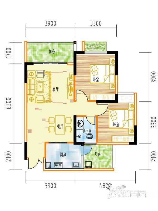 璧山恒大东方国际2室2厅1卫83.2㎡户型图