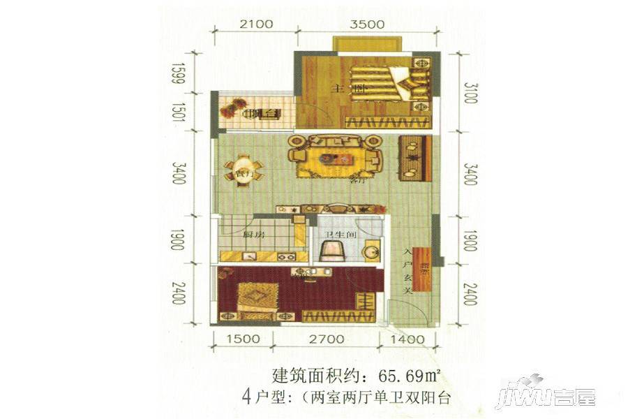 潼南书院学府2室2厅1卫65.7㎡户型图