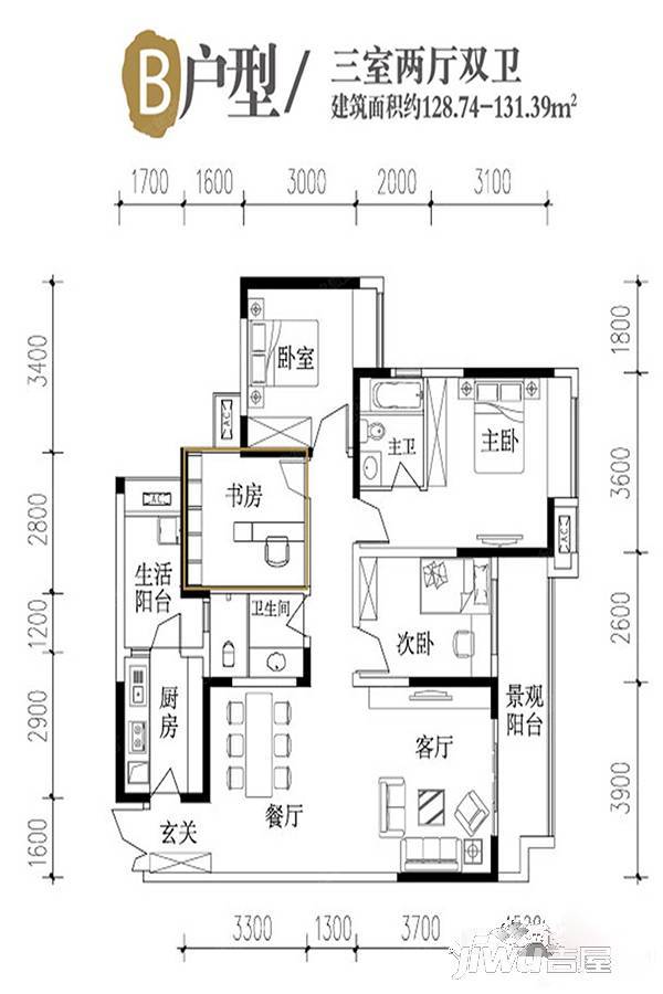 璧山斗十千溯园3室2厅2卫129㎡户型图