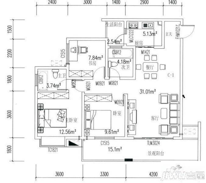 潼南龙乡苑铜新花园3室2厅2卫106.3㎡户型图