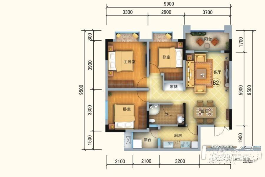 中国铁建中铁5号3室2厅1卫76.2㎡户型图