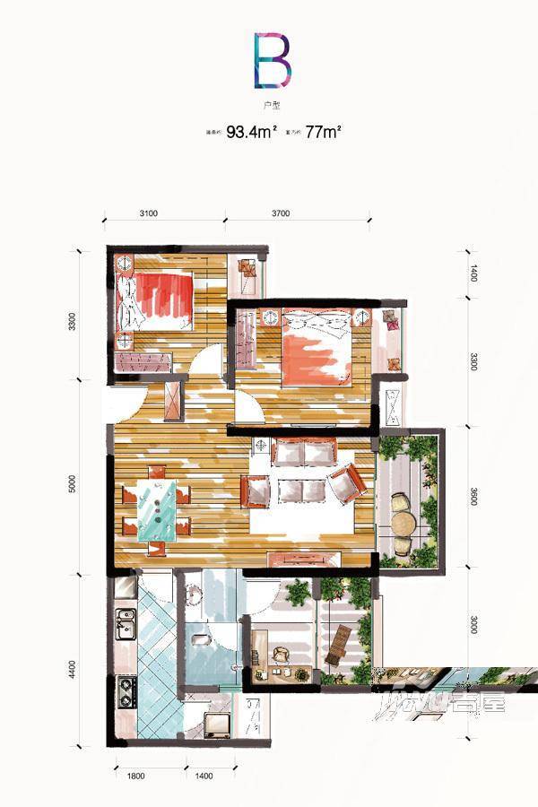 金科天元道2室2厅1卫93.4㎡户型图