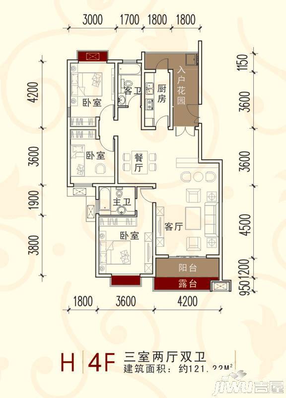 川东瀛嘉天下3室2厅2卫121.2㎡户型图