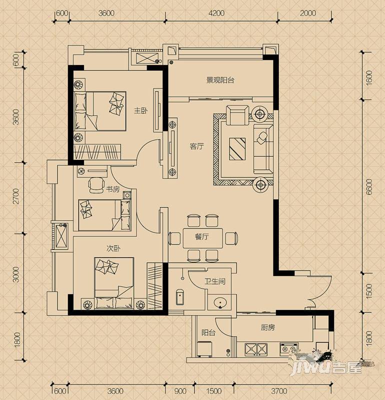 欣光·名车广场3室2厅1卫103.5㎡户型图