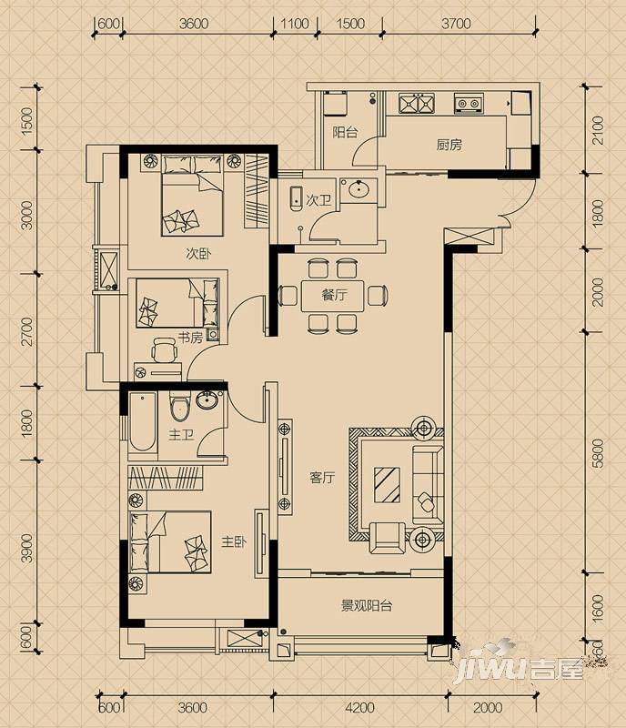 欣光·名车广场3室2厅2卫122.7㎡户型图