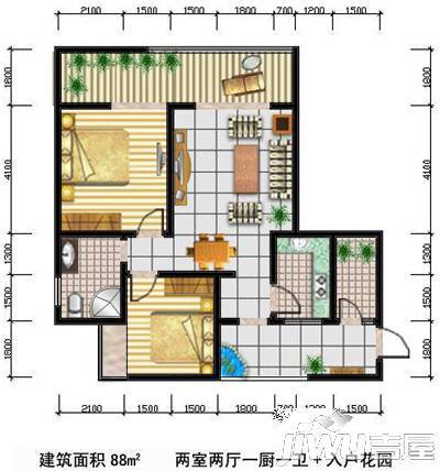 金泉·阳光花园2室2厅1卫88㎡户型图