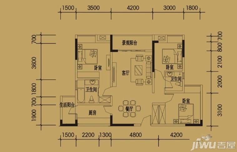 中渝滨江一号3室2厅2卫111.9㎡户型图
