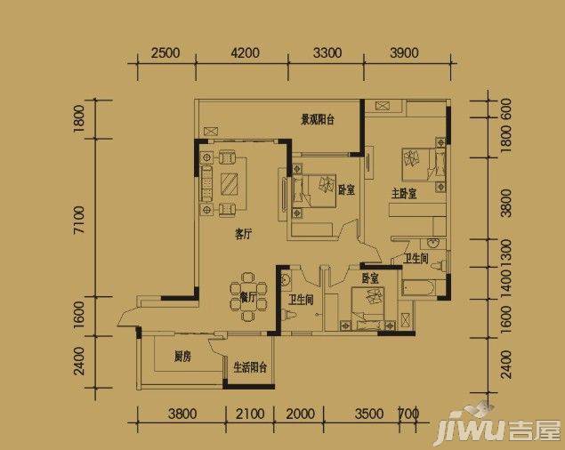 中渝滨江一号3室2厅2卫141.1㎡户型图