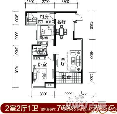 鸿鸥·百安花园2室2厅1卫76.8㎡户型图