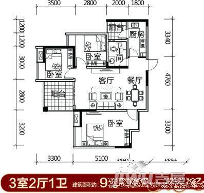 鸿鸥·百安花园3室2厅1卫90.2㎡户型图