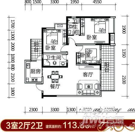 鸿鸥·百安花园3室2厅2卫113.5㎡户型图