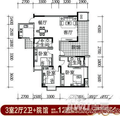 鸿鸥·百安花园3室2厅2卫128.8㎡户型图